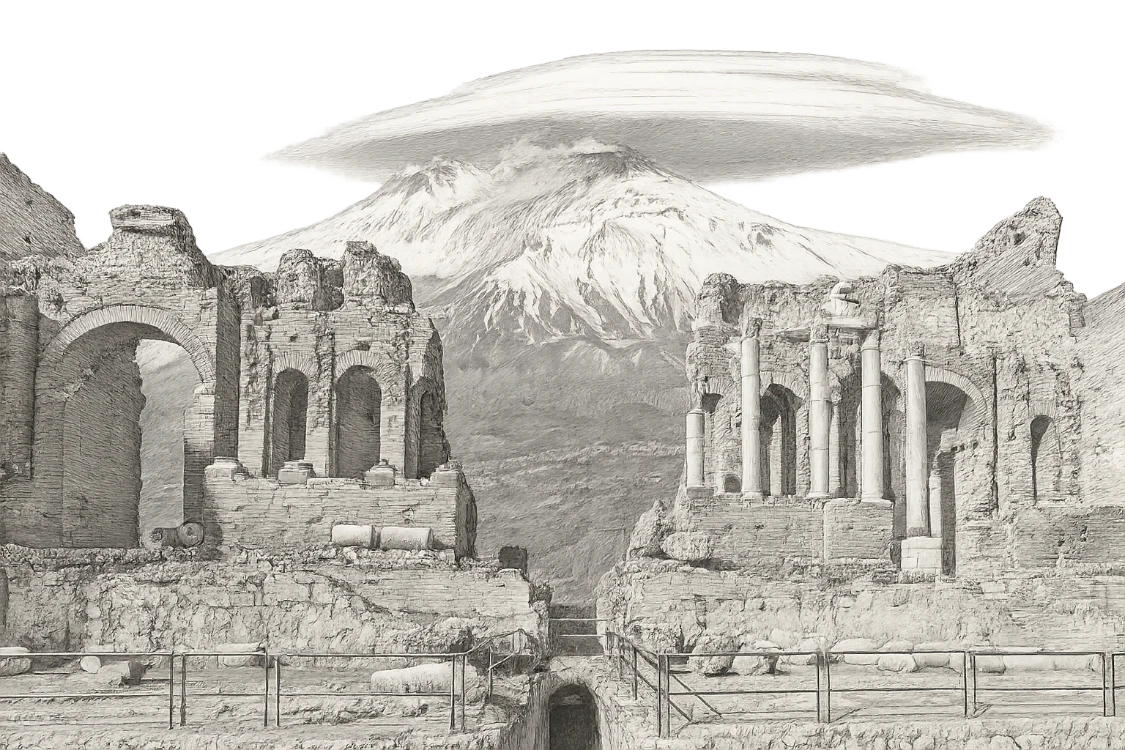 Pencil-style drawing of the ruins of the ancient theatre of Taormina, with snow-covered Mount Etna and a lenticular cloud behind it.